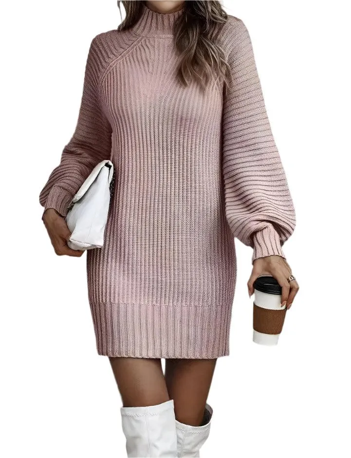 Office Lady Slim Fit Elegance Autumn/Winter High Neck Flare Sleeve Knit Dress