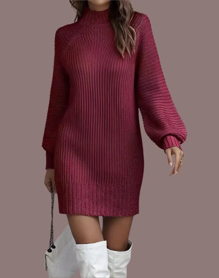 Office Lady Slim Fit Elegance Autumn/Winter High Neck Flare Sleeve Knit Dress
