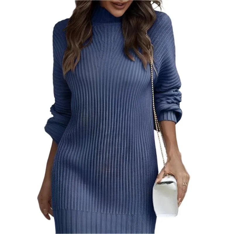 Office Lady Slim Fit Elegance Autumn/Winter High Neck Flare Sleeve Knit Dress