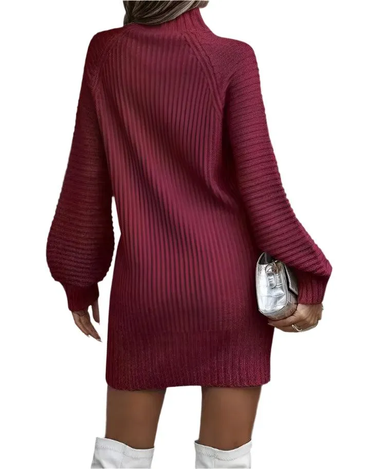 Office Lady Slim Fit Elegance Autumn/Winter High Neck Flare Sleeve Knit Dress