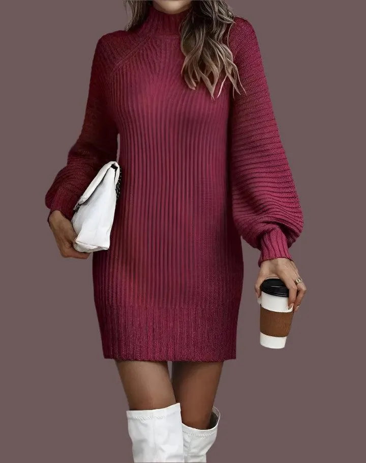 Office Lady Slim Fit Elegance Autumn/Winter High Neck Flare Sleeve Knit Dress