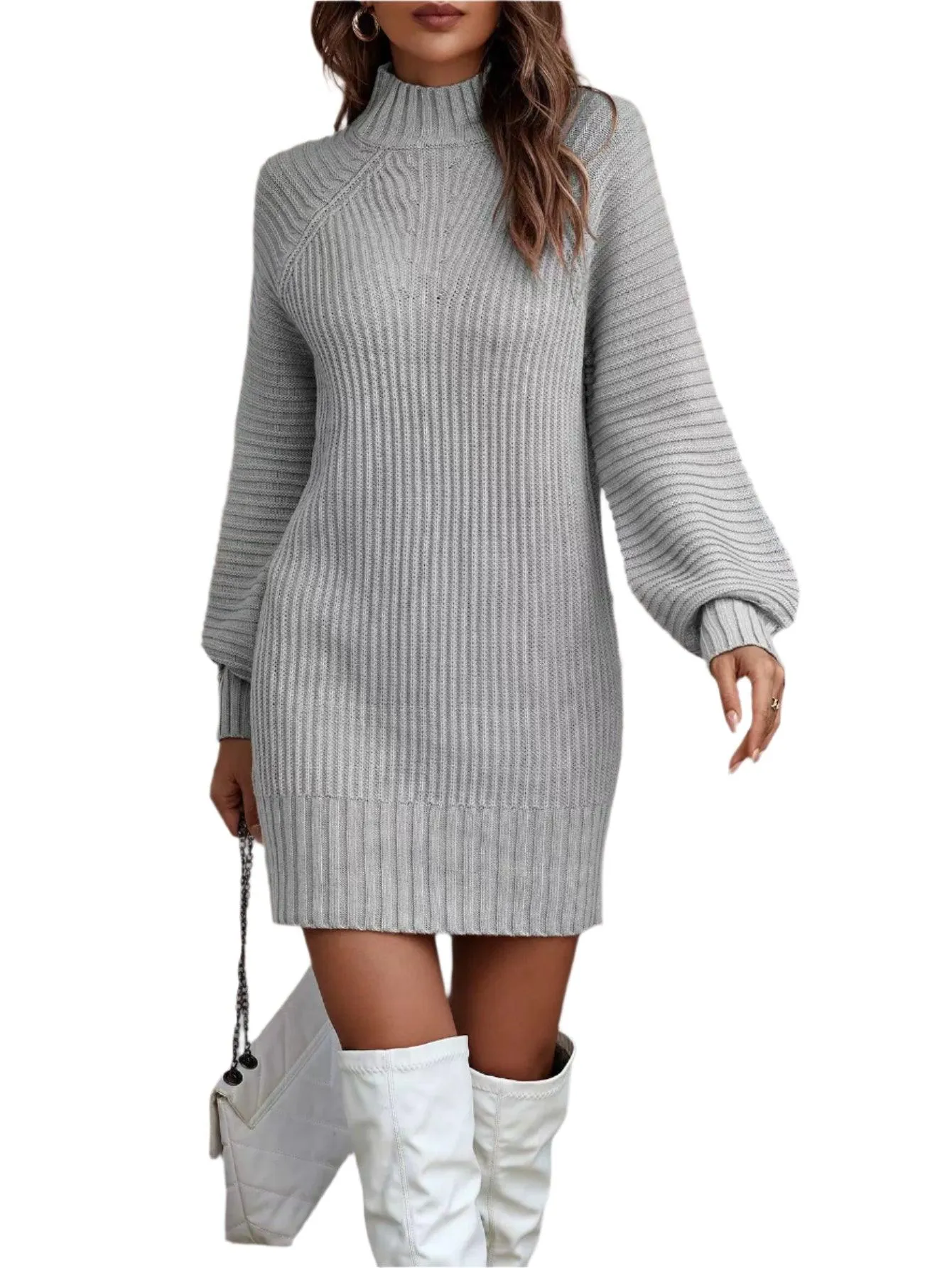 Office Lady Slim Fit Elegance Autumn/Winter High Neck Flare Sleeve Knit Dress