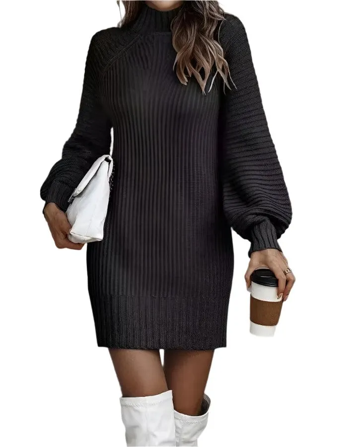 Office Lady Slim Fit Elegance Autumn/Winter High Neck Flare Sleeve Knit Dress