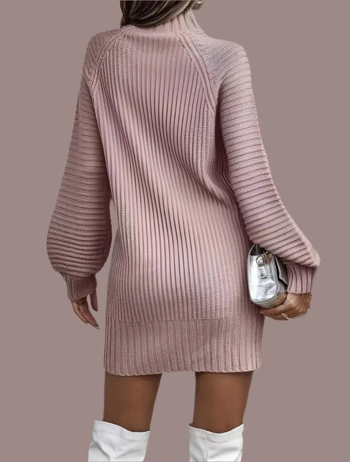 Office Lady Slim Fit Elegance Autumn/Winter High Neck Flare Sleeve Knit Dress