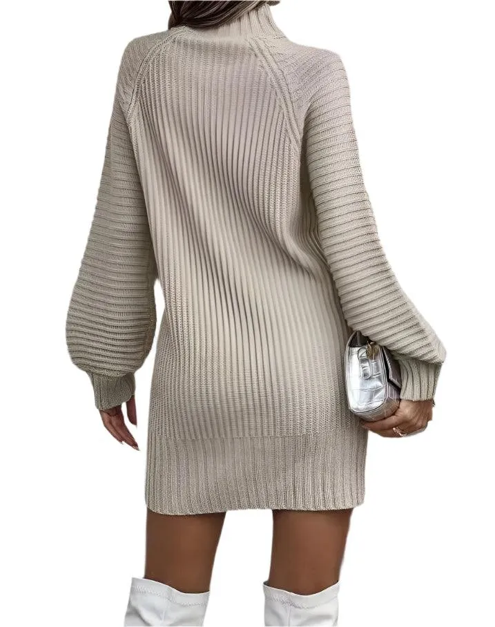 Office Lady Slim Fit Elegance Autumn/Winter High Neck Flare Sleeve Knit Dress
