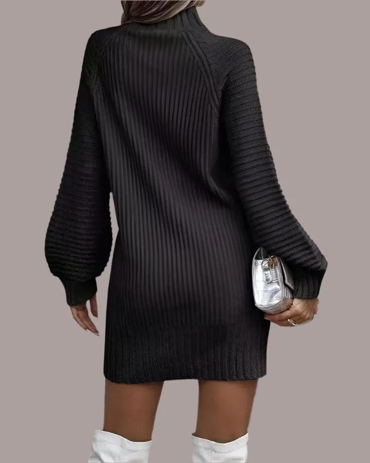 Office Lady Slim Fit Elegance Autumn/Winter High Neck Flare Sleeve Knit Dress