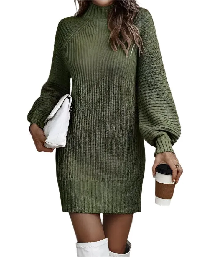 Office Lady Slim Fit Elegance Autumn/Winter High Neck Flare Sleeve Knit Dress