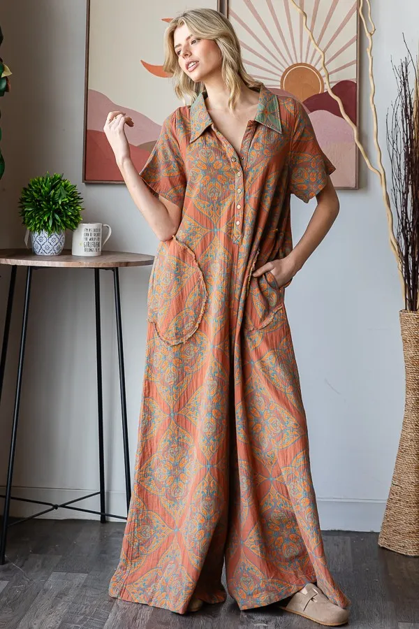 Oli & Hali Mixed Print Reversible Jumpsuit in Teal Rust