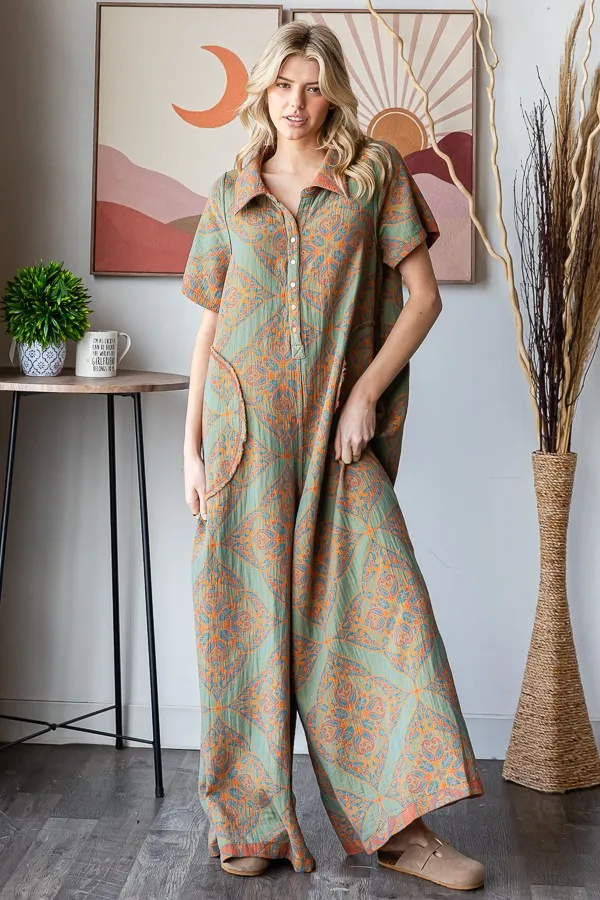 Oli & Hali Mixed Print Reversible Jumpsuit in Teal Rust