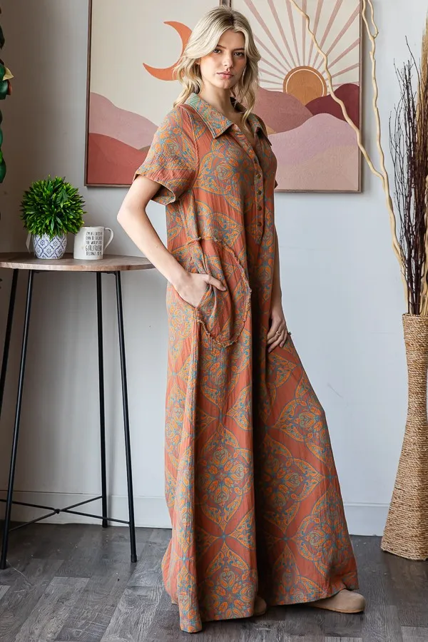 Oli & Hali Mixed Print Reversible Jumpsuit in Teal Rust