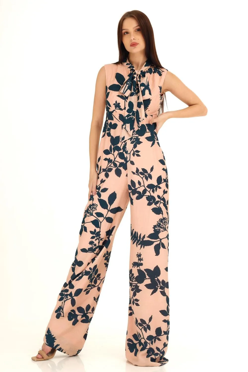 Pink & Teal Floral Bow Tie Jumpsuit
