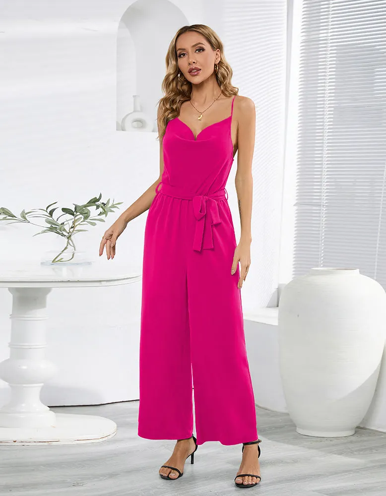 Plain Sleeveless Strap Backless Straight Jumpsuit