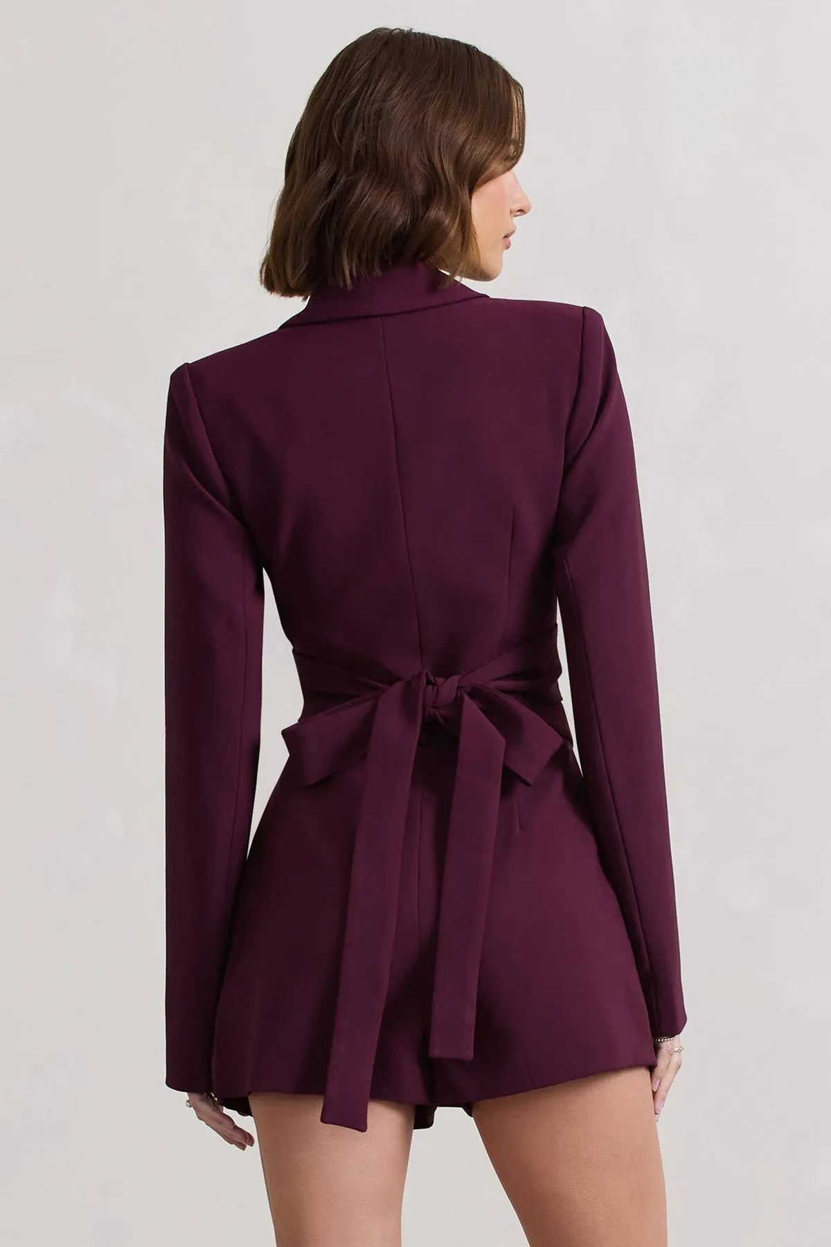Plum Deep-V Belted Tailored Romper