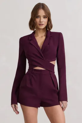 Plum Deep-V Belted Tailored Romper