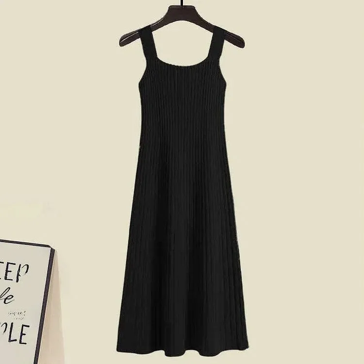 Preppy Sailor Collar Knit Cadigan Sweater Slip Dress Two Piece Set