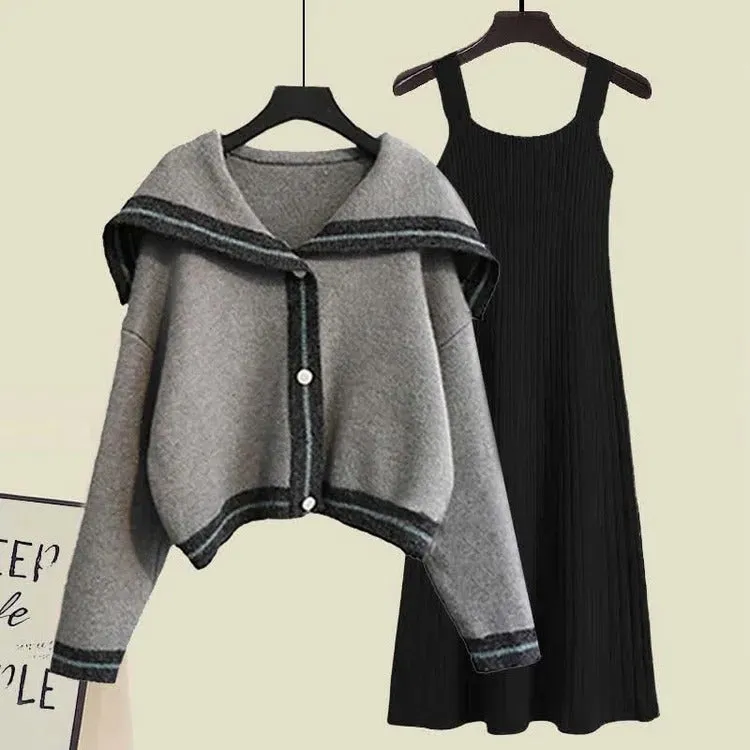 Preppy Sailor Collar Knit Cadigan Sweater Slip Dress Two Piece Set