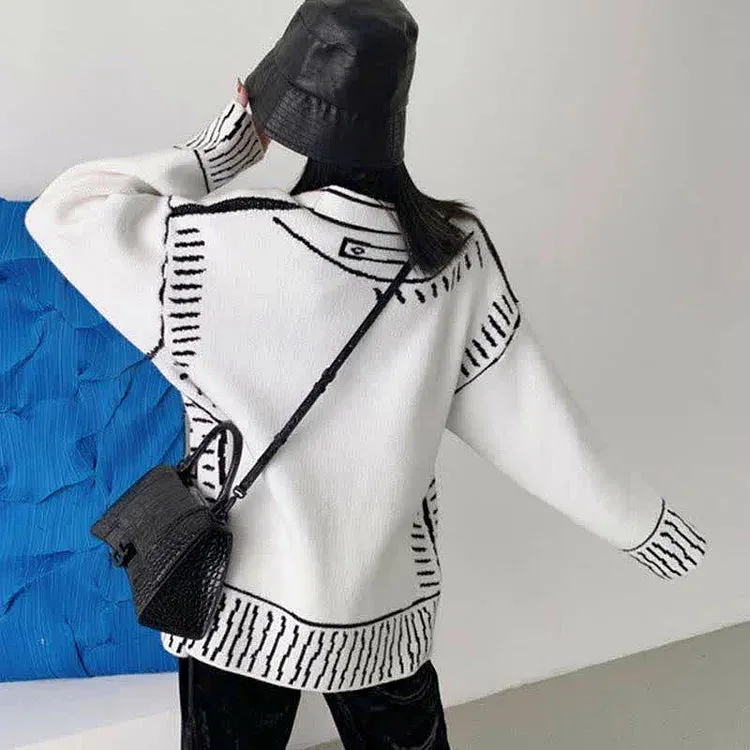 Retro Graffiti Print V-Neck Cardigan Sweater