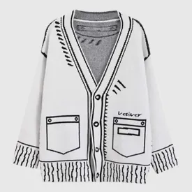 Retro Graffiti Print V-Neck Cardigan Sweater