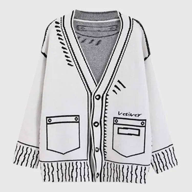 Retro Graffiti Print V-Neck Cardigan Sweater