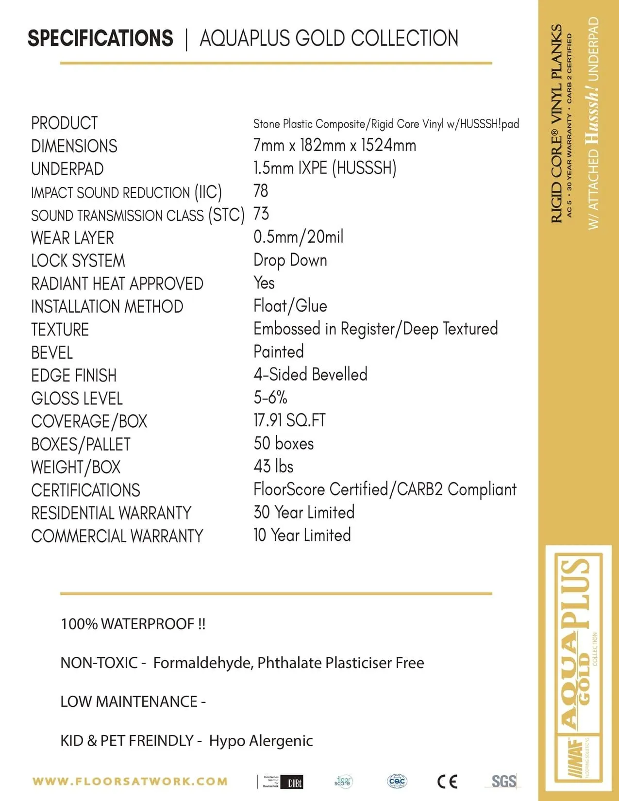 RUSSELL HILL - AQUAPLUS Gold  7mm SPC Vinyl w-PAD