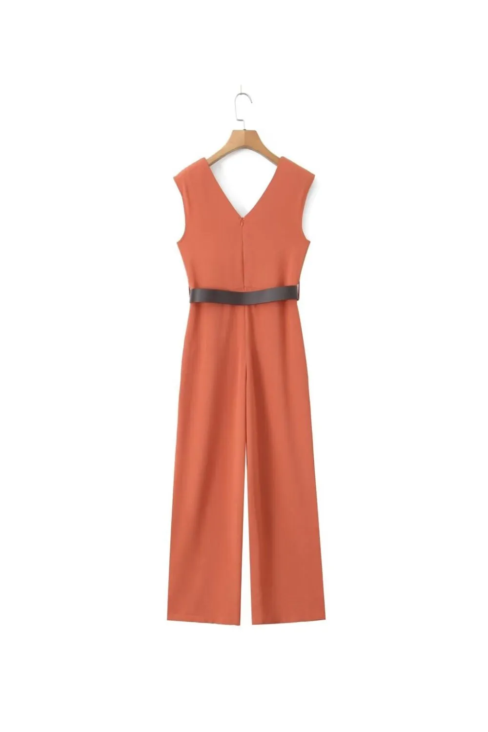 ‘Scarlett’ Simple V-neck with Waist Belt Sleeveless Jumpsuit