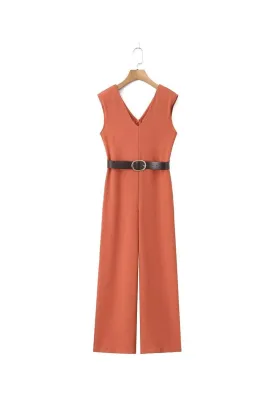 ‘Scarlett’ Simple V-neck with Waist Belt Sleeveless Jumpsuit