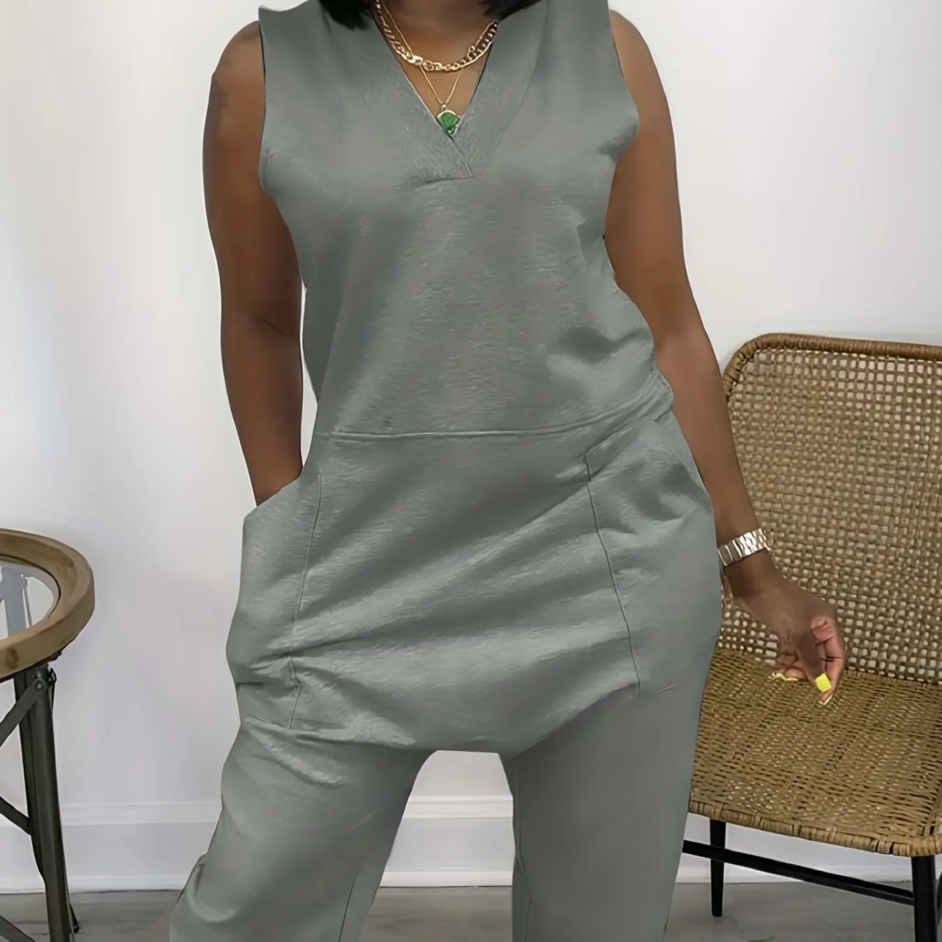 Solid Baggy  V Neck Summer Casual Jumpsuit, Women's Clothing