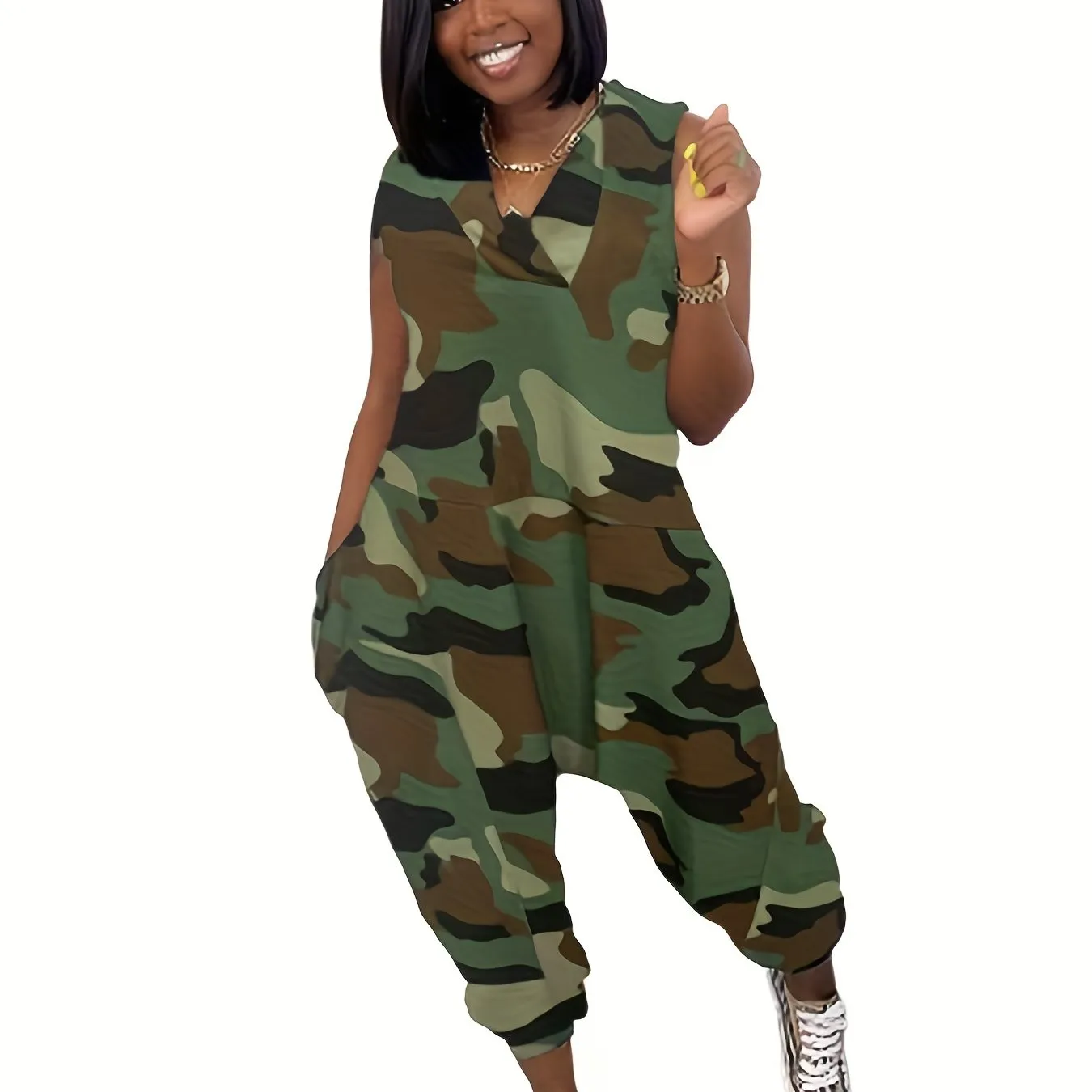 Solid Baggy  V Neck Summer Casual Jumpsuit, Women's Clothing