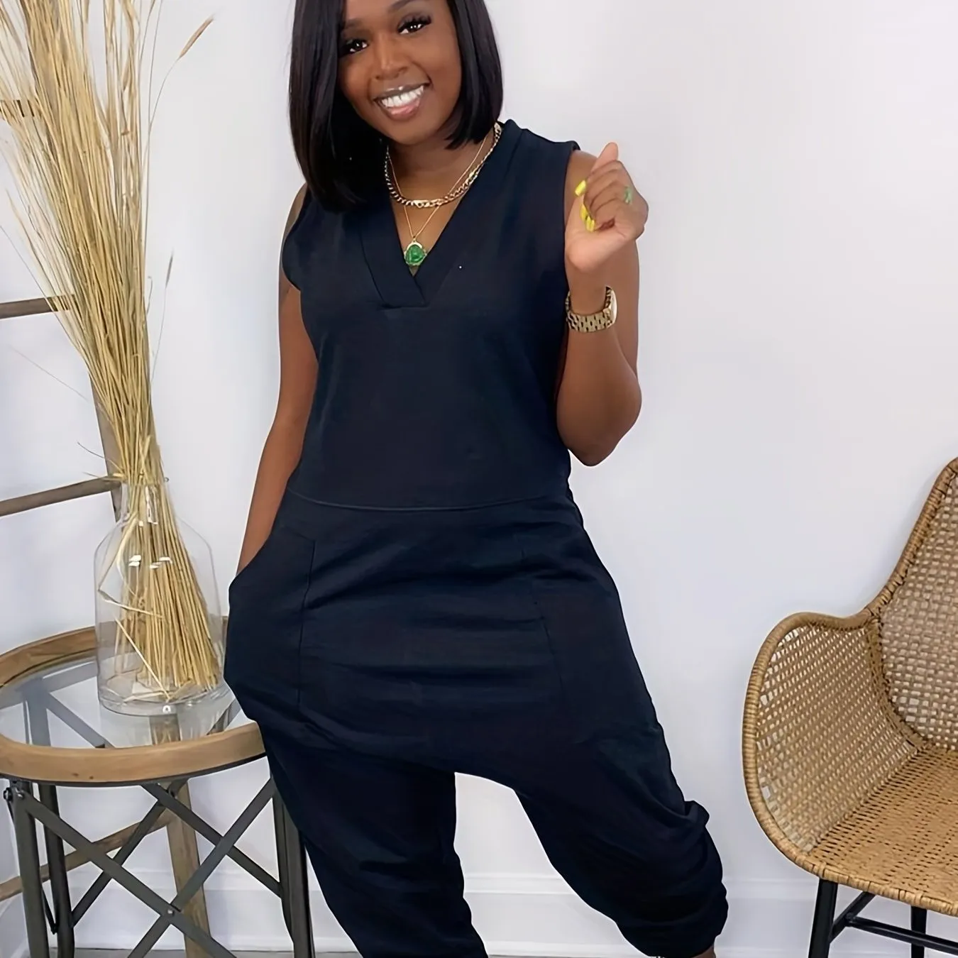 Solid Baggy  V Neck Summer Casual Jumpsuit, Women's Clothing