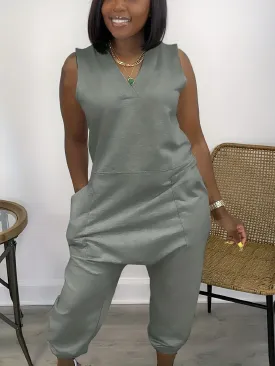 Solid Baggy  V Neck Summer Casual Jumpsuit, Women's Clothing