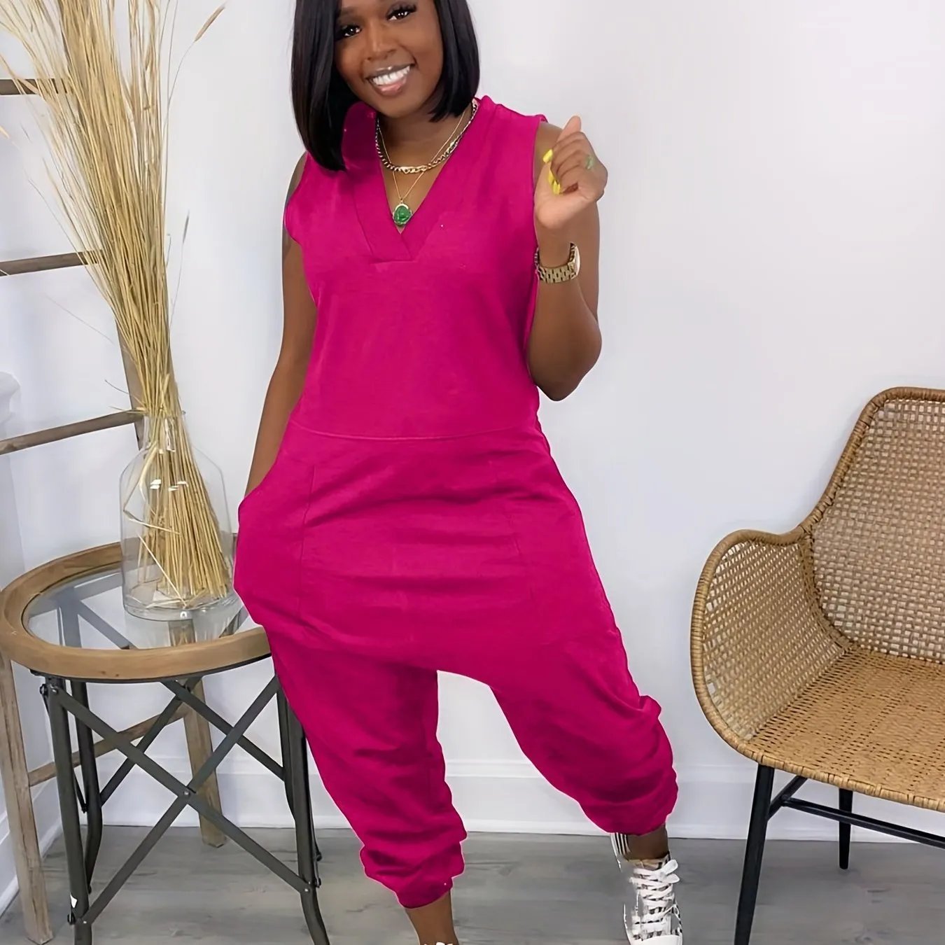 Solid Baggy  V Neck Summer Casual Jumpsuit, Women's Clothing