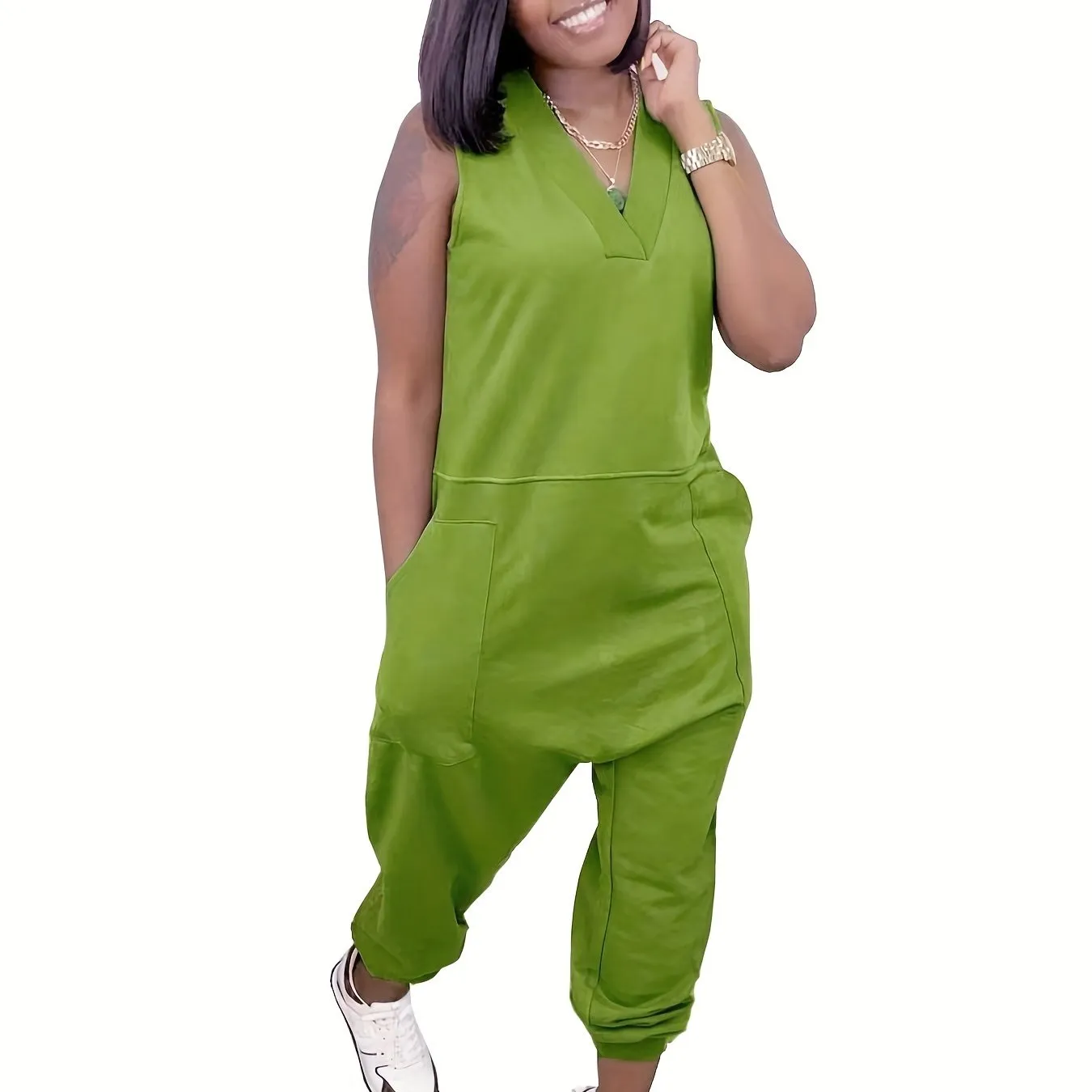 Solid Baggy  V Neck Summer Casual Jumpsuit, Women's Clothing