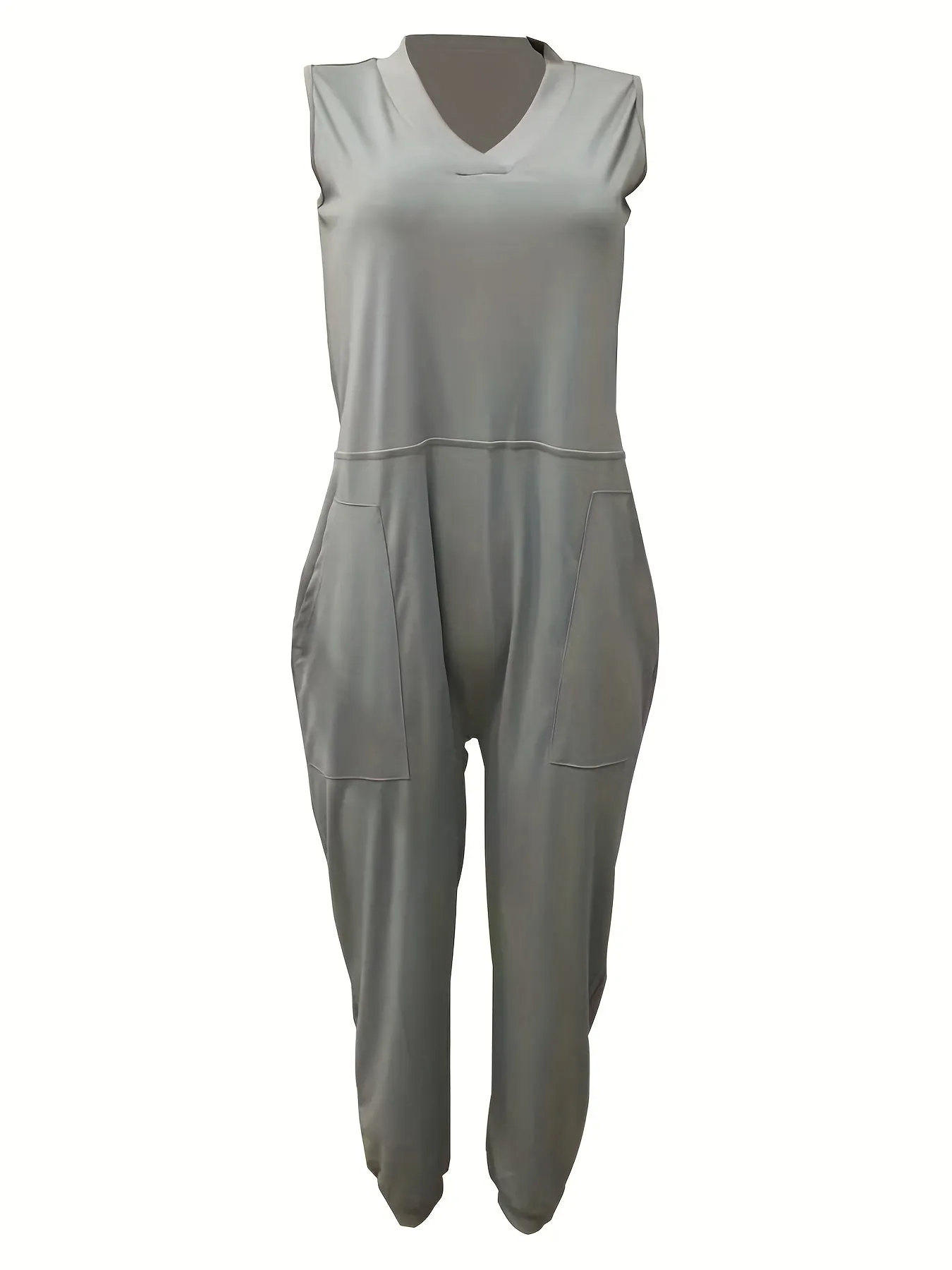 Solid Baggy  V Neck Summer Casual Jumpsuit, Women's Clothing