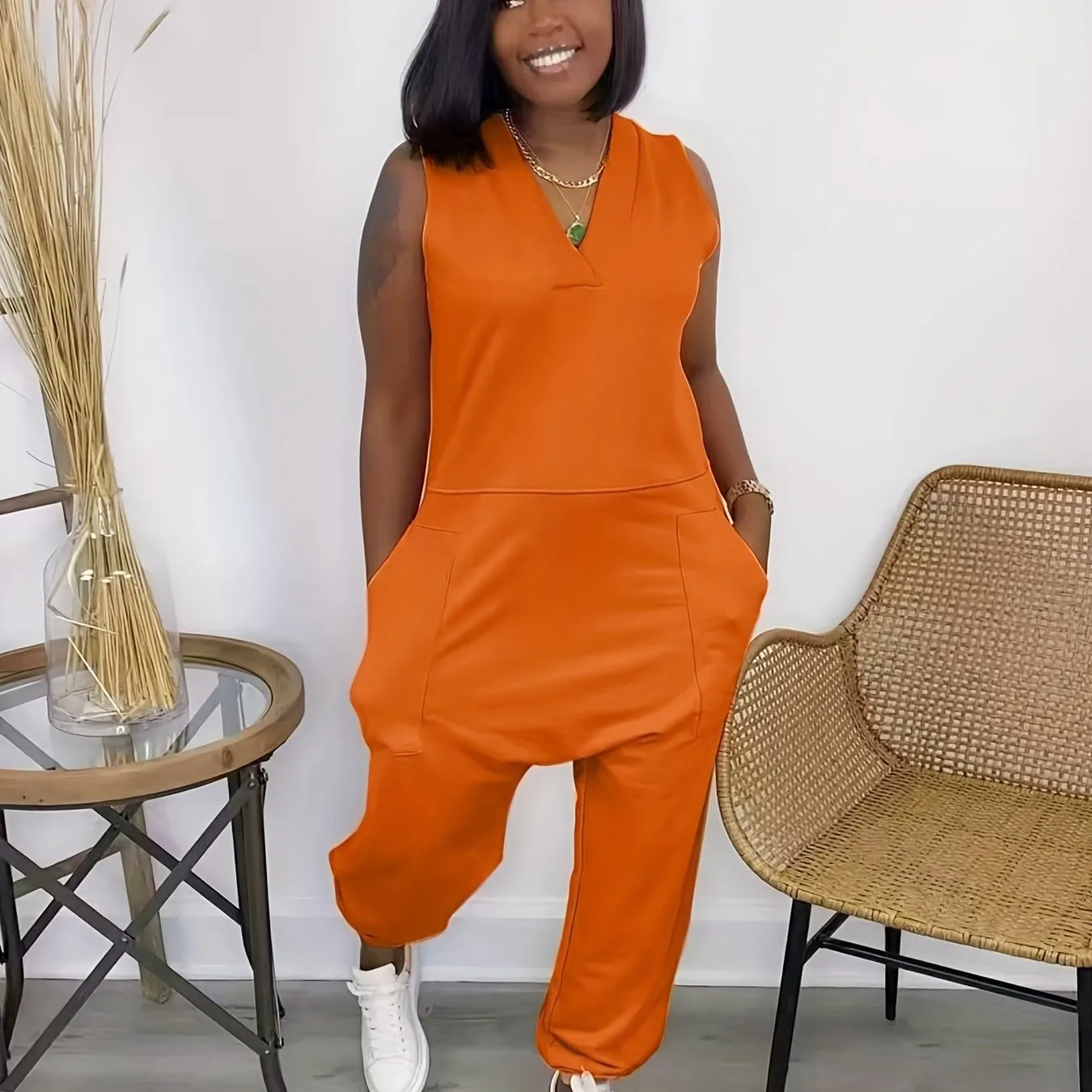 Solid Baggy  V Neck Summer Casual Jumpsuit, Women's Clothing