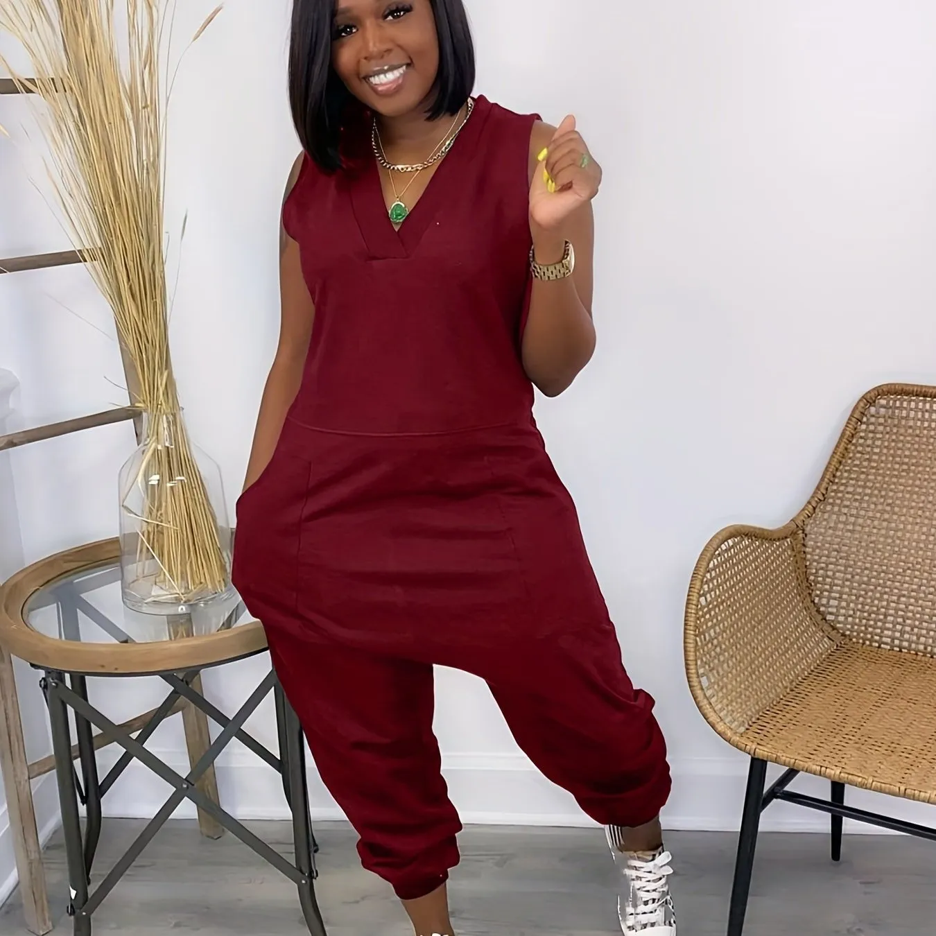 Solid Baggy  V Neck Summer Casual Jumpsuit, Women's Clothing