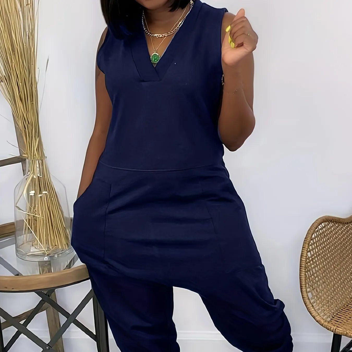 Solid Baggy  V Neck Summer Casual Jumpsuit, Women's Clothing
