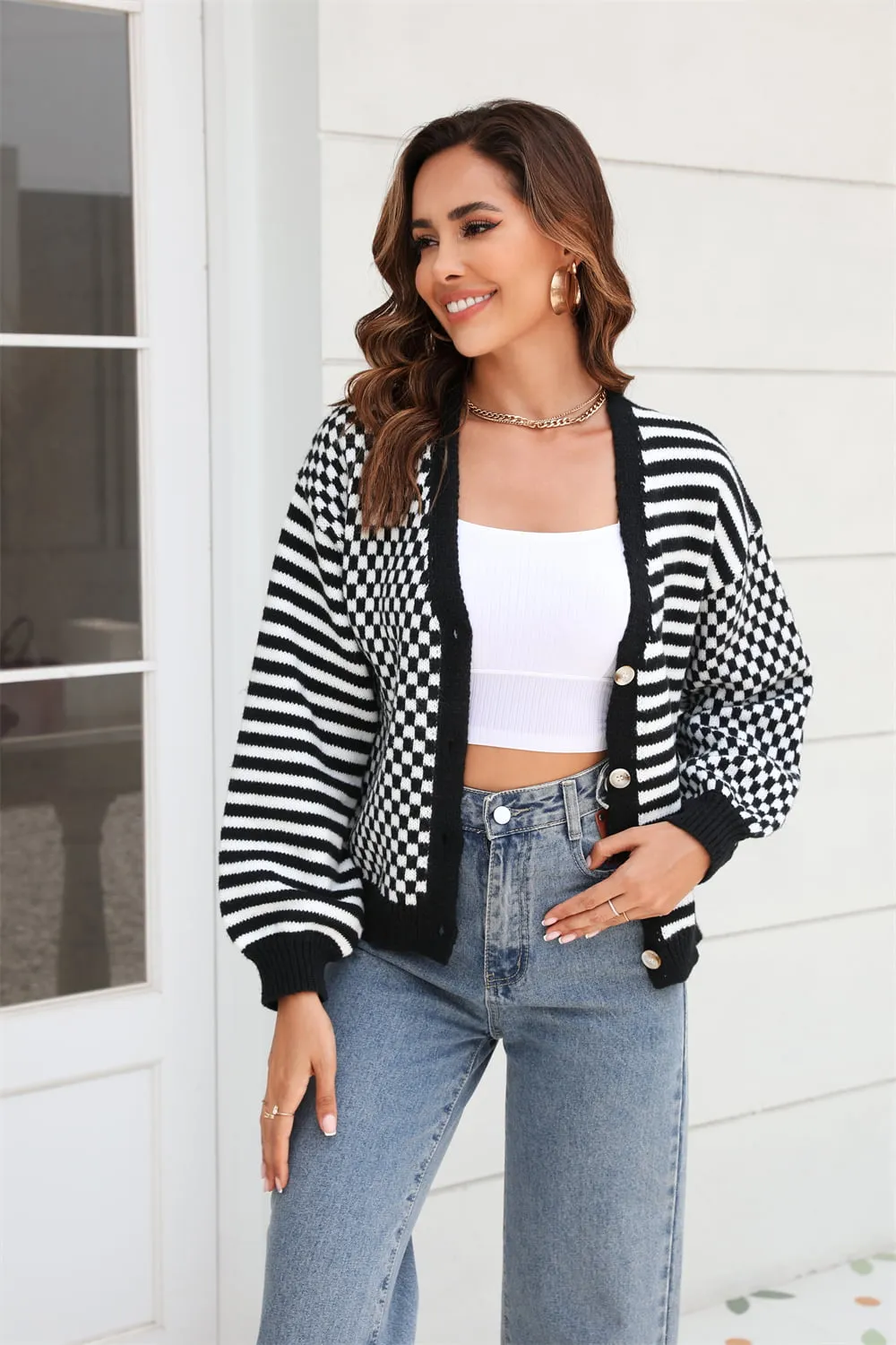 Stripe & Plaid Button-Down Cardigan