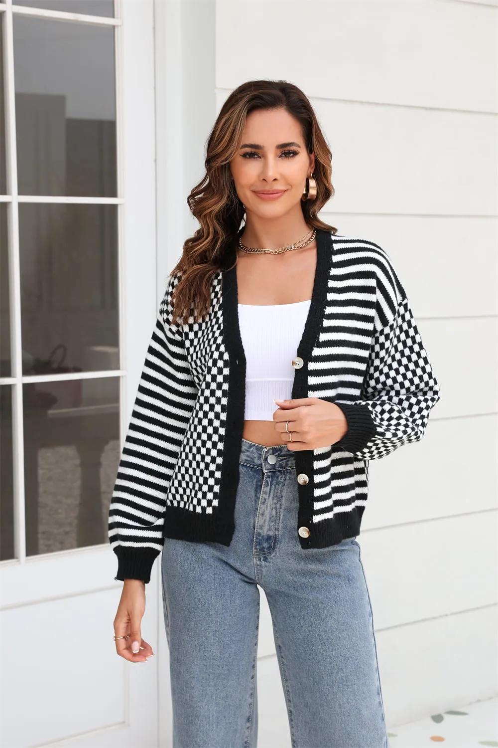 Stripe & Plaid Button-Down Cardigan