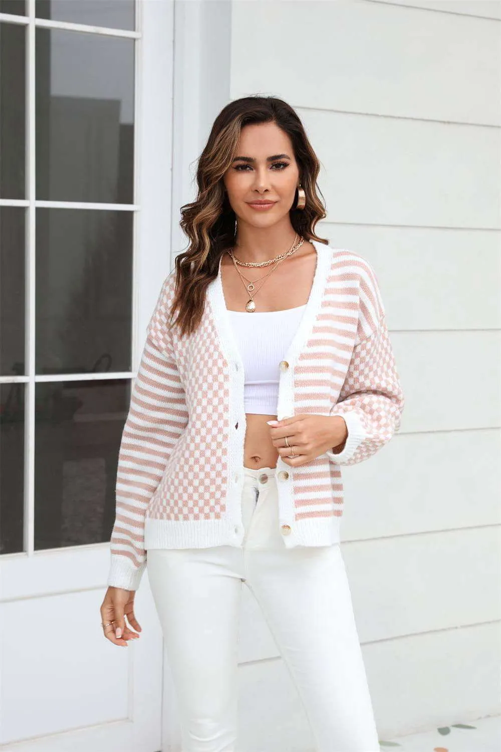 Stripe & Plaid Contrast Pattern Cardigan for Stylish Comfort Fall Day