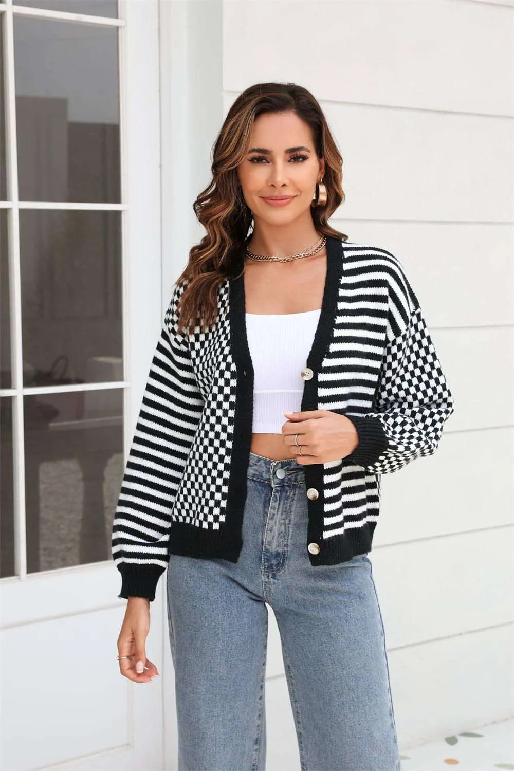 Stripe & Plaid Contrast Pattern Cardigan for Stylish Comfort Fall Day