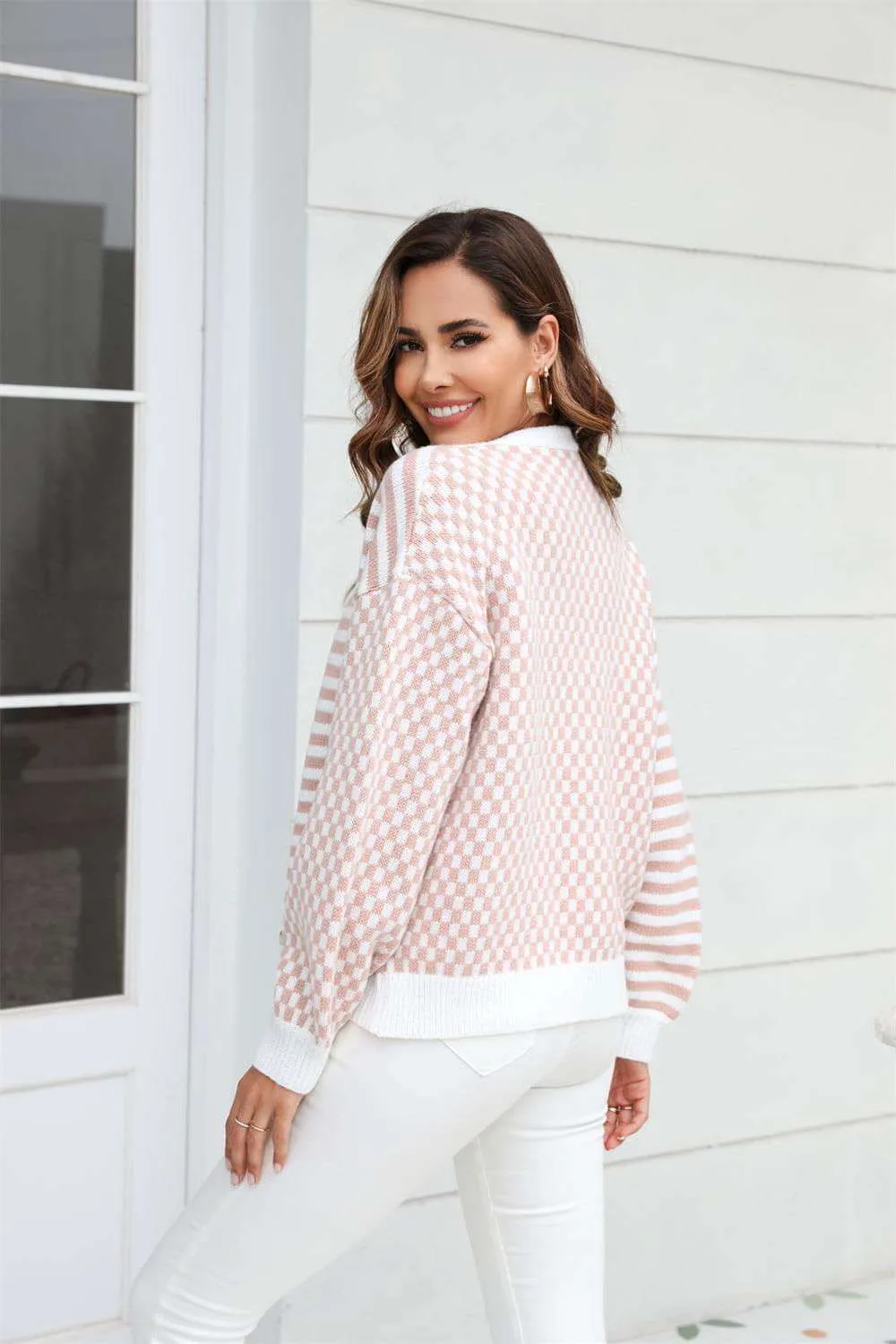 Stripe & Plaid Contrast Pattern Cardigan for Stylish Comfort Fall Day