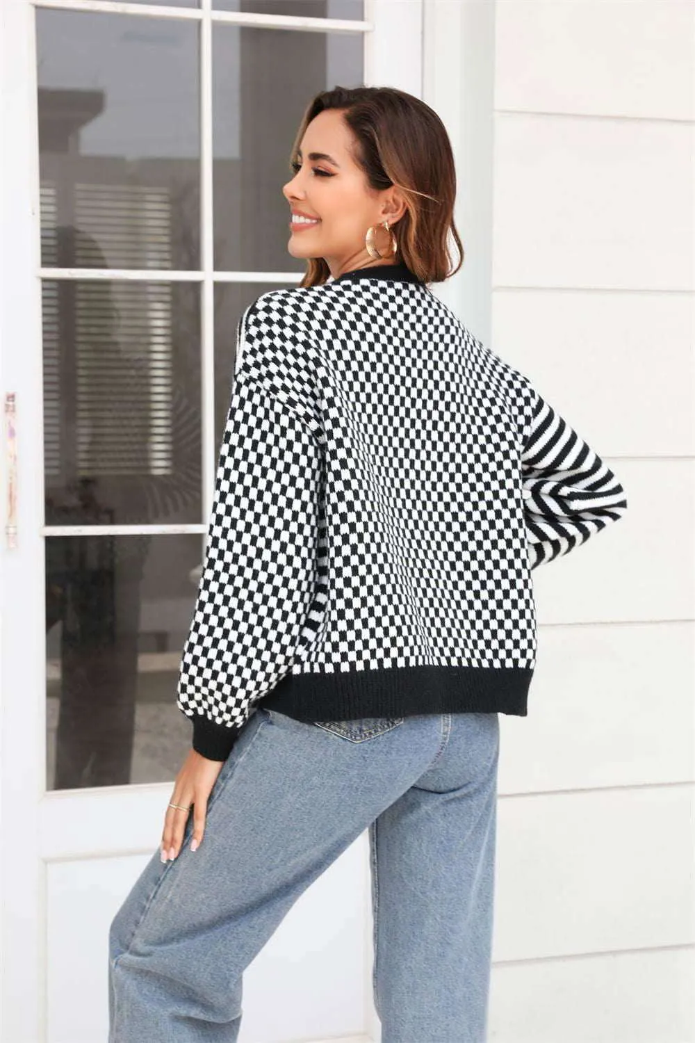 Stripe & Plaid Contrast Pattern Cardigan for Stylish Comfort Fall Day