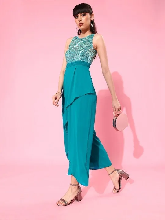 Teal Blue Sequinned Basic Layered Jumpsuit For Women