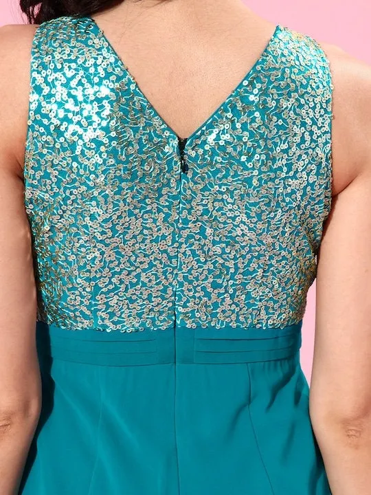 Teal Blue Sequinned Basic Layered Jumpsuit For Women