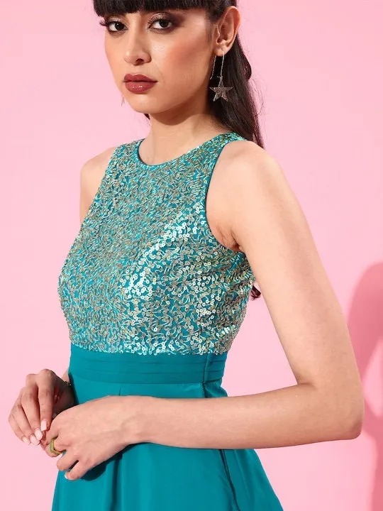 Teal Blue Sequinned Basic Layered Jumpsuit For Women