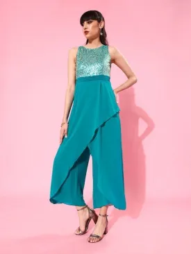Teal Blue Sequinned Basic Layered Jumpsuit For Women