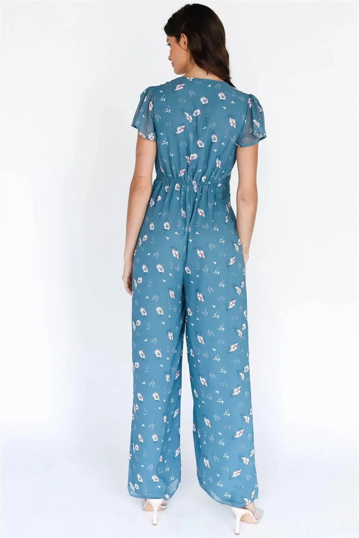 Teal Multi Color Floral Print Front Twisted Detail Wide Leg Jumpsuit /3-3