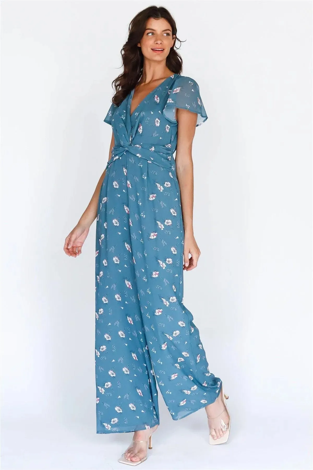 Teal Multi Color Floral Print Front Twisted Detail Wide Leg Jumpsuit /3-3