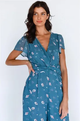 Teal Multi Color Floral Print Front Twisted Detail Wide Leg Jumpsuit /3-3