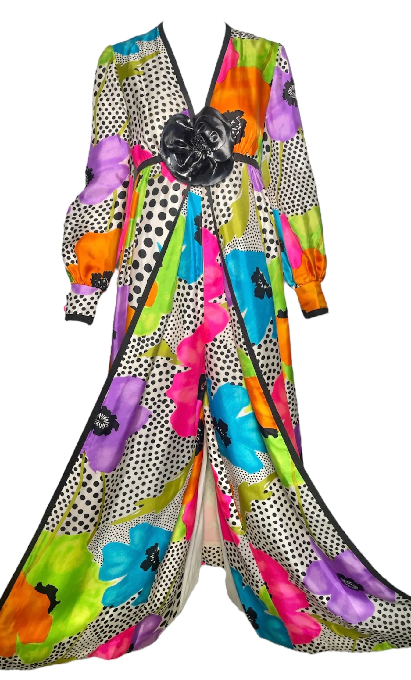 Teal Traina Early 70s Psychedelic Silk Floral Longsleeve Jumpsuit